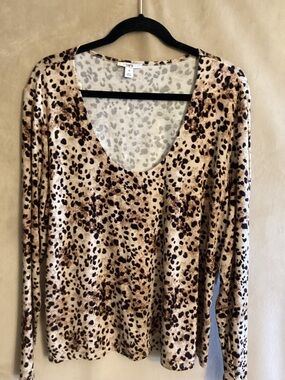 Bar III Beige & Brown Leopard Print Long Sleeve Top